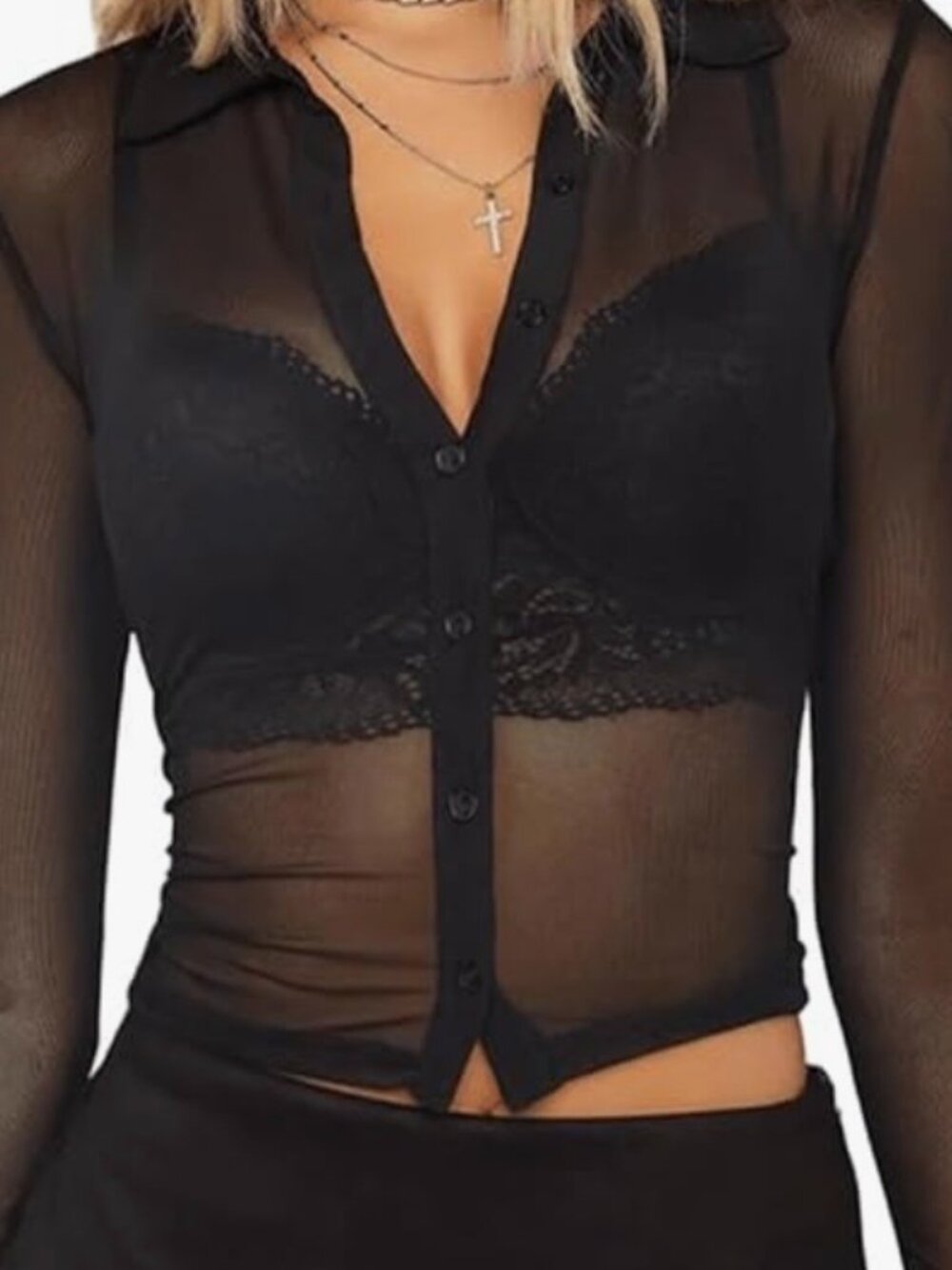 Cropped Mesh Sheer Button Up Shirt